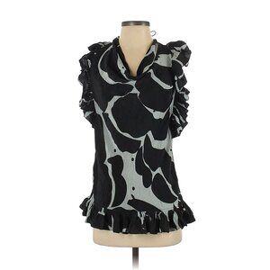 Tracy Reese New York 100% Silk Black Gray Ruffle Short Sleeve Drape Blouse Small
